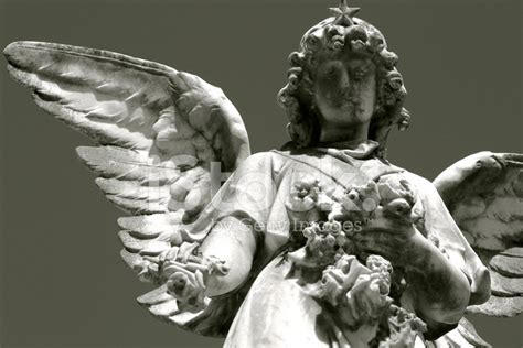 Statue Of A Crying Angel In Cemetery And Flower Stock Photo Royalty