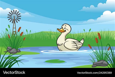 Duck In The Pond With Cartoon Style Royalty Free Vector