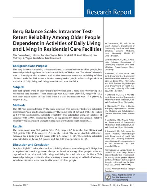 Pdf Berg Balance Scale Intrarater Test Retest Reliability Among