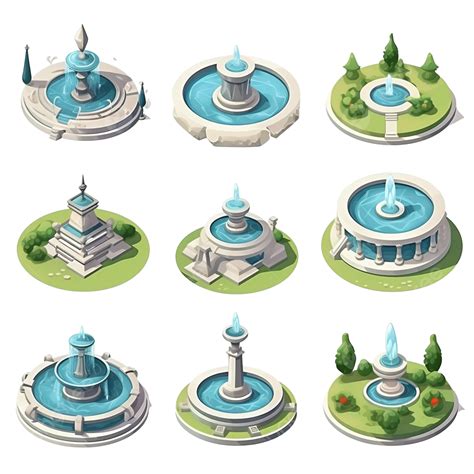 Isometric Round Fountain 3d Universal Scenary Collection Set Isometric