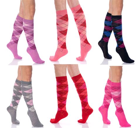Argyle Knee High Socks For Women Colorful 6 Pairs Over The Calf Socks