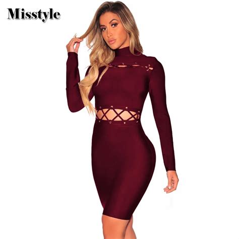 Misstyle Turtleneck Hollow Out Bodycon Dress Sexy Women Eyelet Lace Up