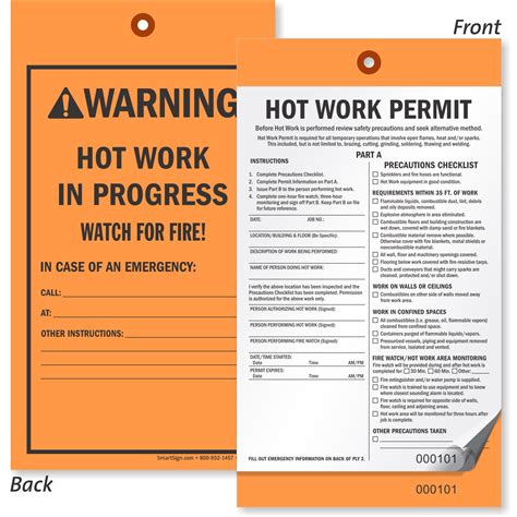 2 Part Warning Hot Work Permit Tag Work In Progress Watch For Fire