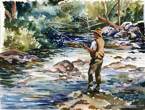 Fly Fishing On The Lake Watercolor Painting Print Fly Fishing Art