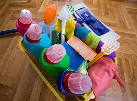 Cleaning Supplies And Equipment On Floor Stock Photo Image Of Gloves