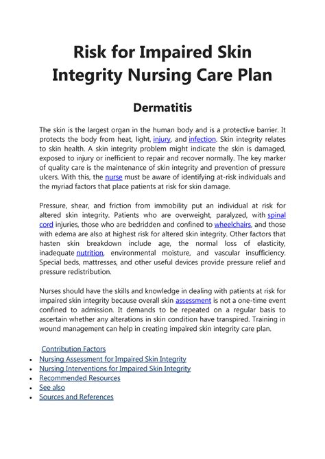 Nursing Care Plan Dermatitis Risk For Impaired Skin Integrity Nursing