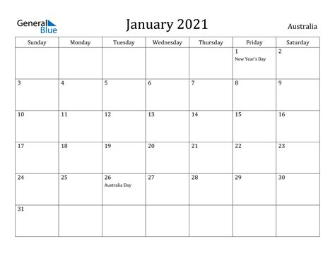 January 2021 Calendar Australia