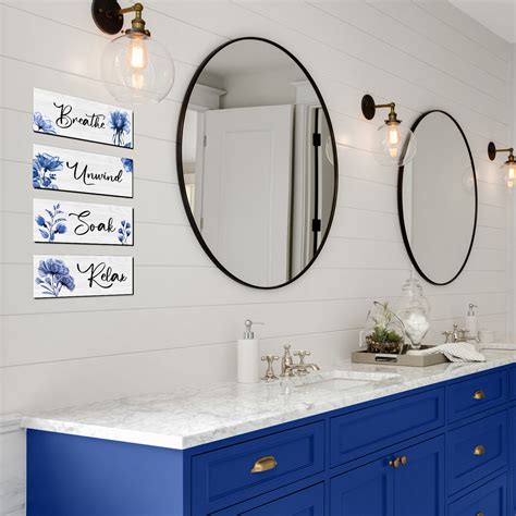 Celivesgg 4 Pieces Bathroom Wall Decor Blue Flower Wall Art Wooden