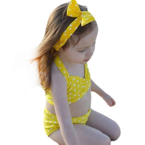 3pcs Yellow Dot Child Bikini Swimsuit Swimwear High Waisted Bathing