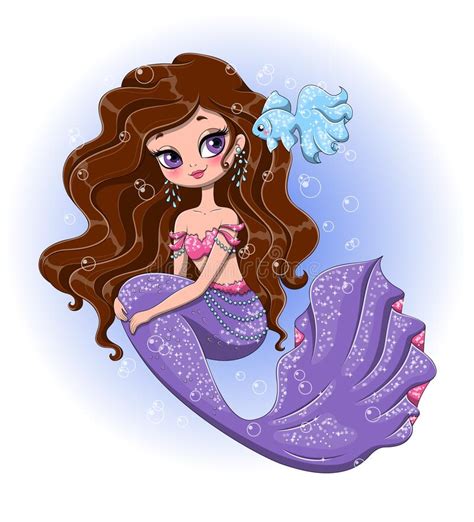 Cute Little Mermaid With Flowing Purple Tail Watching Fish Swim By
