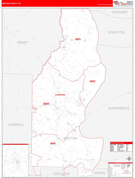 Benton County Tn Zip Code Wall Map Red Line Style By Marketmaps Mapsales