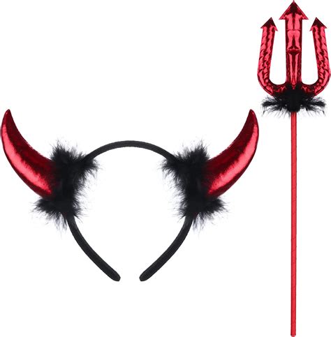 2 Pack Devil Costume Set Devil Fancy Dress Red Devil Horns Headband And Red Devil Pitchfork