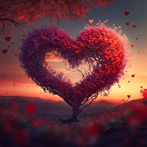 Tree Of Love In Spring Red Heart Shaped Tree At Sunset Stock