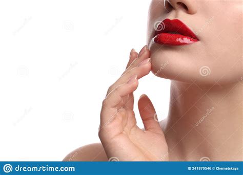 Closeup View Of Woman With Beautiful Full Lips On White Background