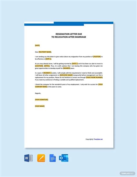 Free Resignation Letter Due To Relocation After Marriage Template