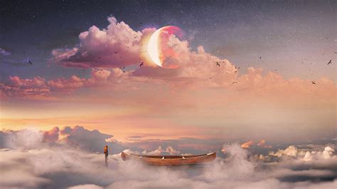 Download Wallpaper 2048x1152 Surrealism Boat Clouds Lonely Man Starry Sky Ultrawide Monitor