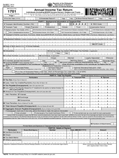Bir Form 1701 Version 2018 Download Fill Out And Sign Online Dochub