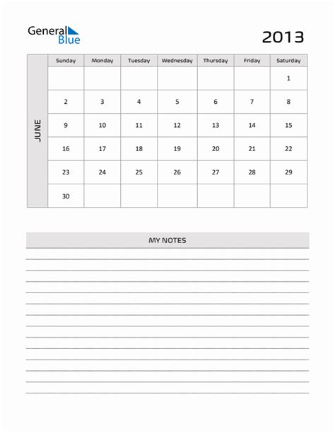 June 2013 Printable Monthly Calendar With Notes