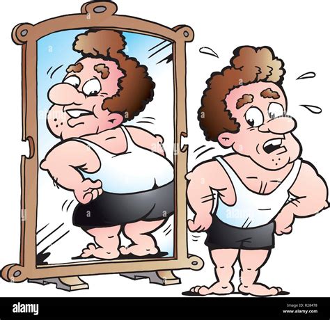 Cartoon Vector Illustration Of A Fit Man As He Thinks He Looks Fat