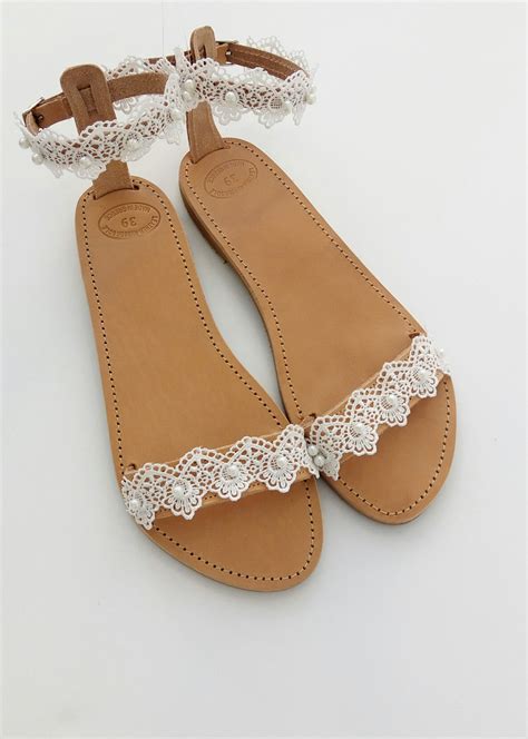 Wedding Sandals Bridal White Lace Sandals Greek Leather Sandals Beach
