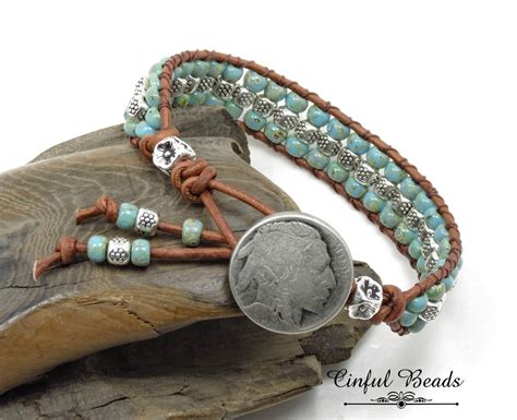 Turquoise Beaded Leather Wrap Bracelet Turquoise Picasso Seed Etsy