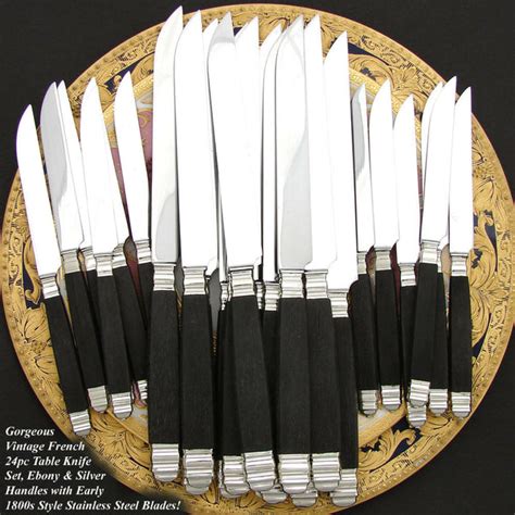 Vintage French 24pc Sterling Silver And Ebony Handled Table Knife Set S