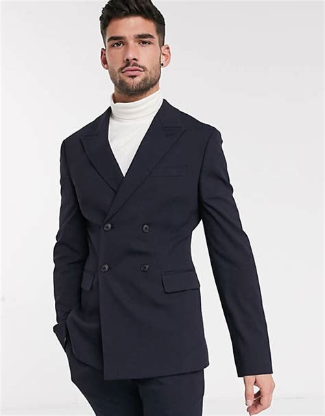 Asos Design Skinny Double Breasted Suit Jacket In Navy Asos