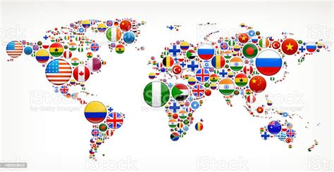 World Map With Flag Buttons Stock Illustration Download Image Now