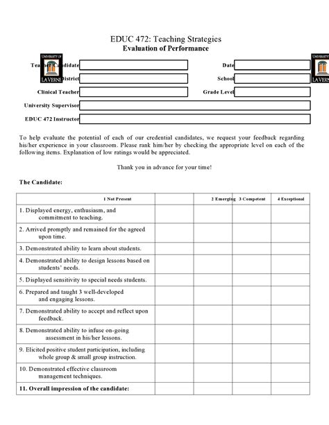 Printable Teacher Evaluation Form From Principal Printable Forms Free