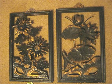 mid century vtg metal asian wall art panels black floral set 4 hollywood regency 1732083580