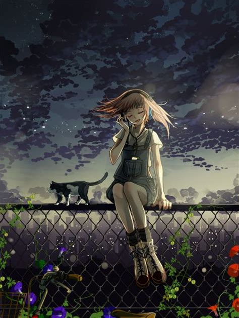 Anime Girl Sitting On A Fence With Her Cat Anime