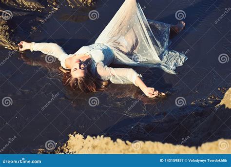 Woman In Wet Dress In Water Stream Vacation Stock Image Image Of