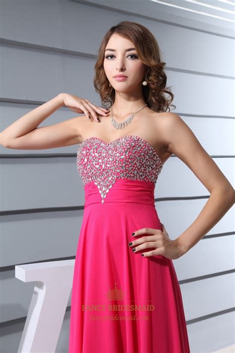 Hot Pink Strapless Prom Dress Empire Waist Chiffon Evening Gowns