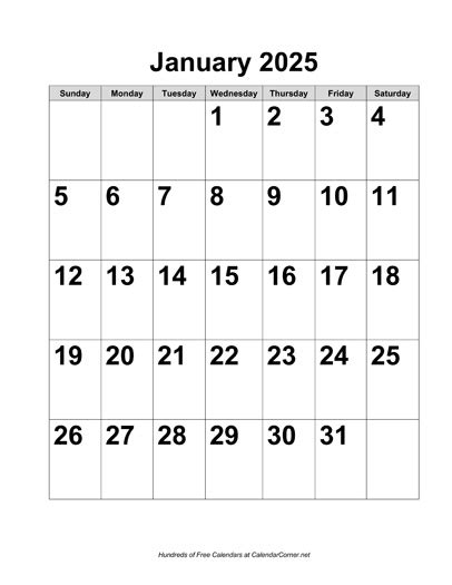 Free 2025 Large Number Calendar