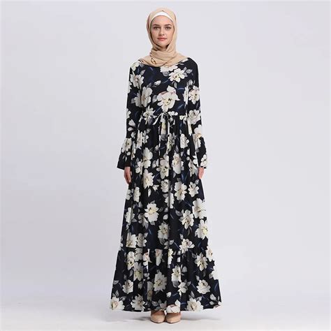 Abayas For Women Islamic Clothing Long Sleeve Flower Print Muslim Dress Maxi Dress Robe Flower