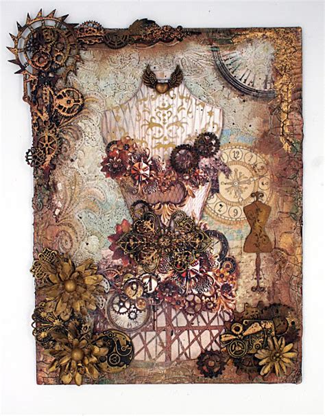 scrap travel and bark steampunk canvas with creative embellishments and stamperia rice paper
