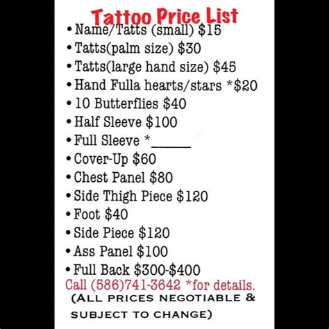 Editable Pricing Lists For Tattoos And Piercings Price List Template