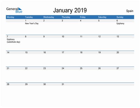 Editable January 2019 Calendar With Spain Holidays