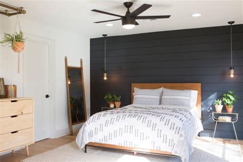 Contemporary Neutral Bedroom With Black Shiplap Accent Wall Black