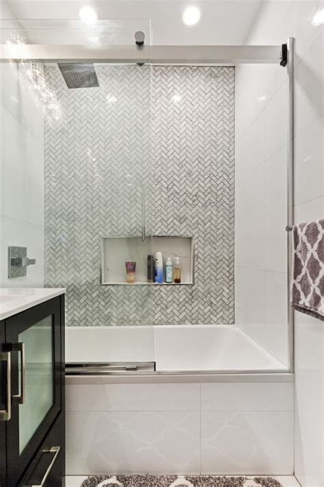 Herringbone Tile Shower Bathroom Remodel Apartment Therapy