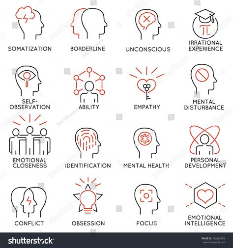 Vector Set Of 16 Modern Thin Line Icons Related To Mental Features Of