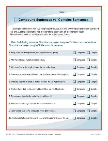 Simple Compound Complex Sentences Worksheets