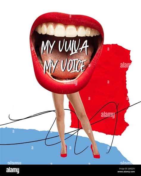 Conceptual collage with big female mouth on slender legs. Protest