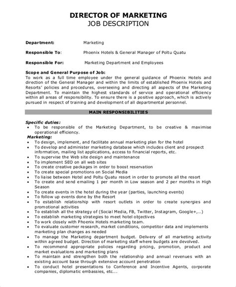 A marketing director is a professional who oversees a company's general marketing strategy, marketing campaigns, and initiatives. FREE 11+ Sample Marketing Job Descriptions in PDF | MS Word