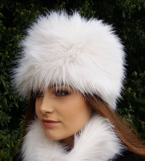 Off White Faux Fur Hat Russian Style With Cosy Polar Fleece Lining Fur