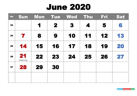 Free Printable June 2020 Calendar With Holidays As Word Pdf