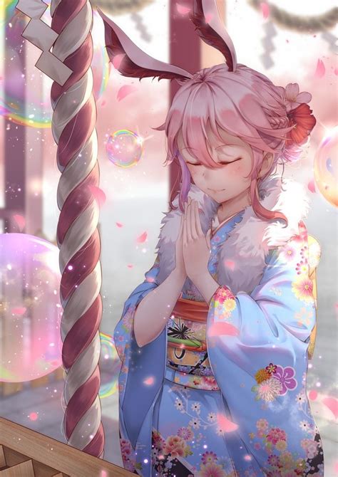 Anime Art~♡ Bunny Girl Rabbit Girl Rabbit Ears Pink Hair Hair Pulled Back Kimono