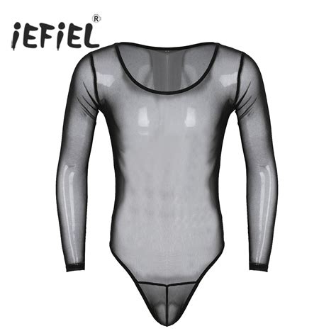 Buy Iefiel Mens Slim Fit Sexy Bodysuits See Through Mesh Long Sleeve Scoop Neck