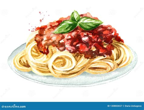 Spaghetti With Sauce Bolognese Watercolor Hand Drawn Illustration
