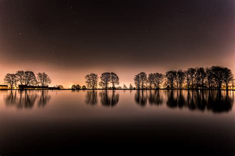 Silhouette Photo Of Trees Trees Landscape Lake Sunset Hd Wallpaper